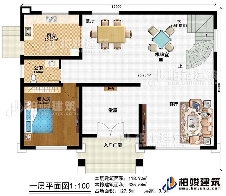一层：入户门廊、堂屋、神龛、客厅、餐厅、棋牌室、厨房、公卫、老人房