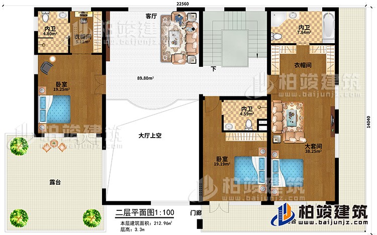 二层：客厅，大套间带内卫和衣帽间，单间带内卫，中套间带内卫和衣帽间，2露台，楼梯