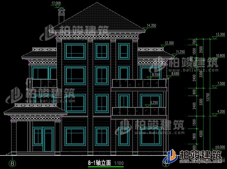 新款农村四层别墅设计图纸及效果图，外立面清新别致BZ412-新中式风格