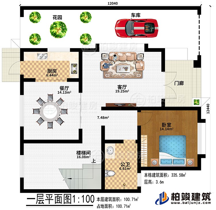 一层：门廊、花园、车库、厨房、餐厅、客厅、楼梯间、卧室、公卫