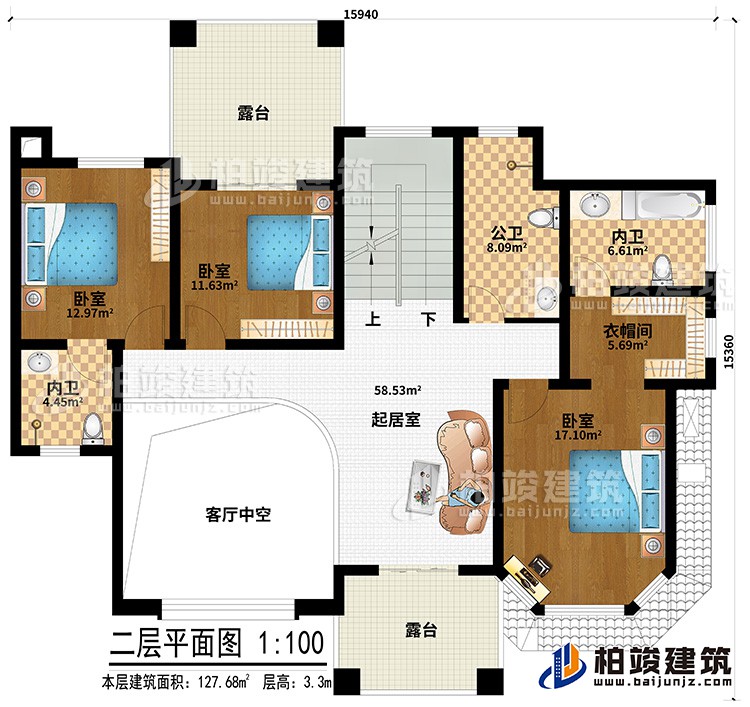 二层：客厅中空、起居室、公卫、2内卫、衣帽间、3卧室、2露台