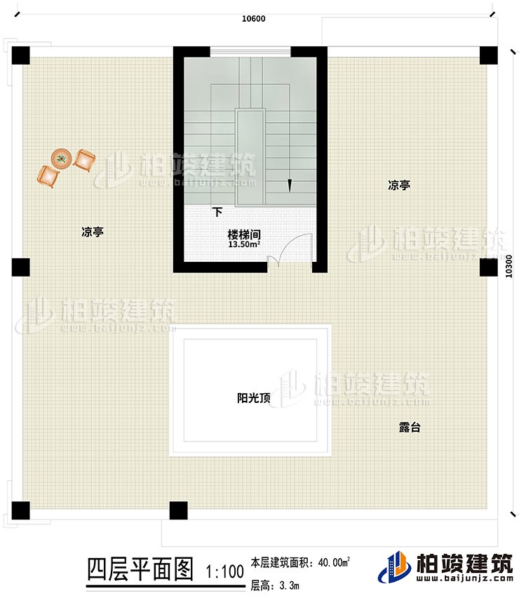 四层：楼梯间、2凉亭、露台、阳光顶