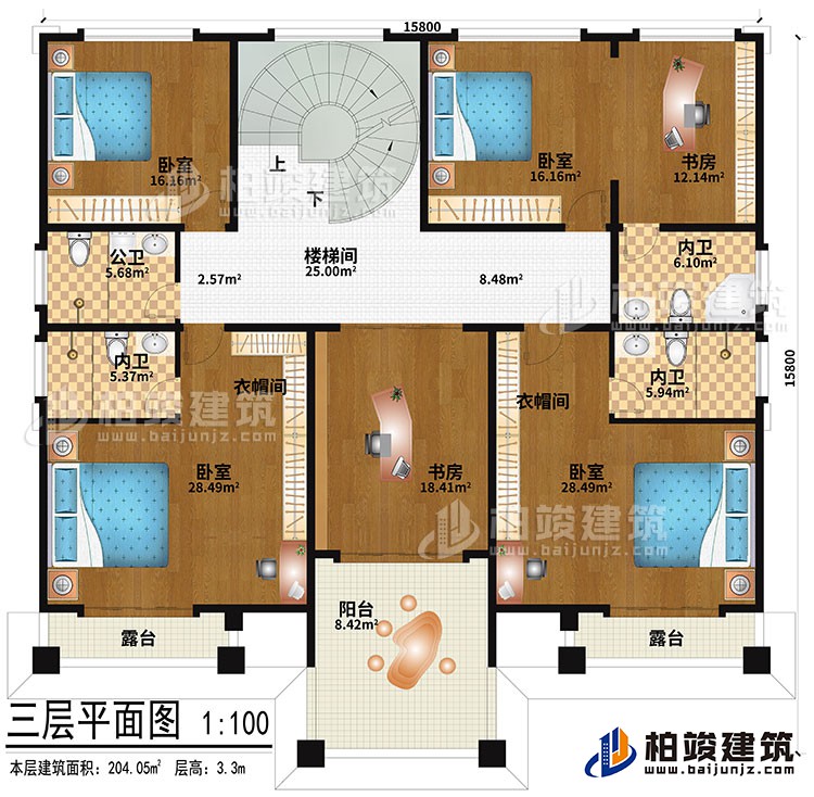 三层：楼梯间、4卧室、2衣帽间、2书房、公卫、3内卫、2露台、阳台