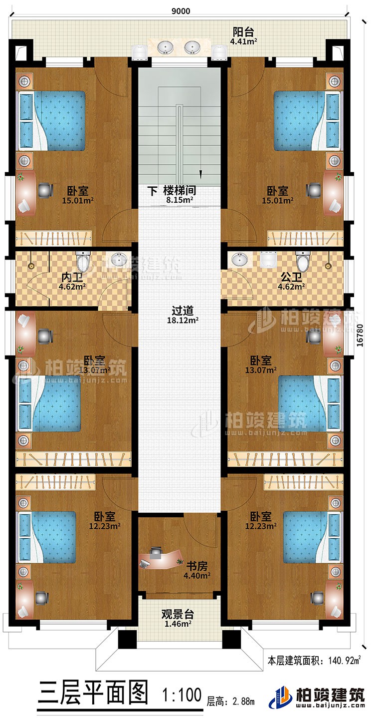 三层：6卧室、过道、楼梯间、书房、观景台、公卫、内卫、阳台