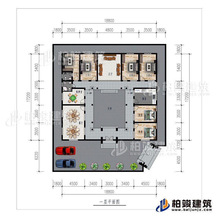 一层：车库、餐厅、棋牌室、厨房、正厅、6卧室、公卫、内卫