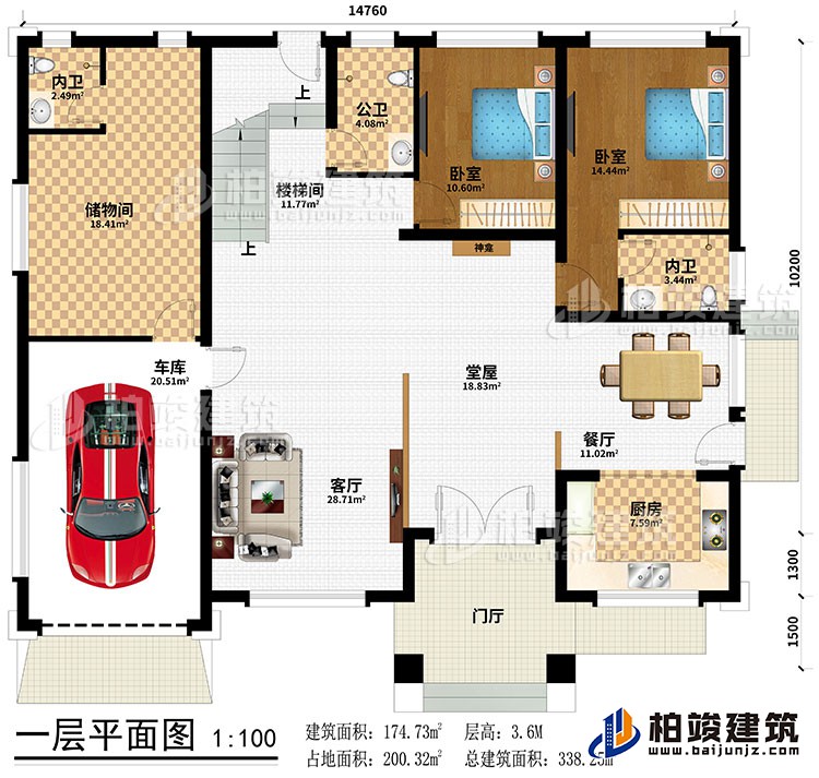 一层：门厅、堂屋、神龛、餐厅、厨房、客厅、储物间、2卧室、公卫、2内卫、车库、楼梯间