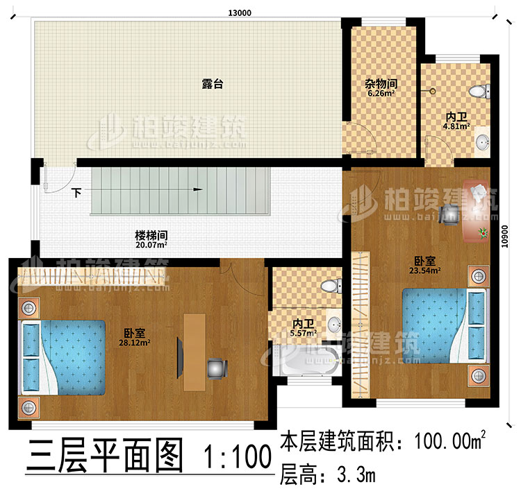 三层：2卧室、楼梯间、露台、2内卫、杂物间