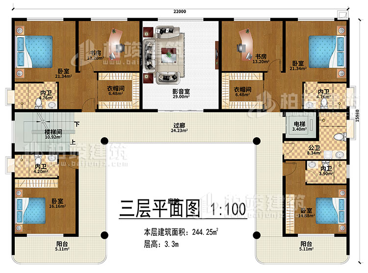 三层：影音室、过廊、楼梯间、电梯、4卧室、2衣帽间、2书房、4内卫、公卫、2阳台