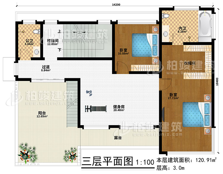 三层：健身房、楼梯间、2卧室、衣帽间、过道、公卫、内卫、阳台、露台