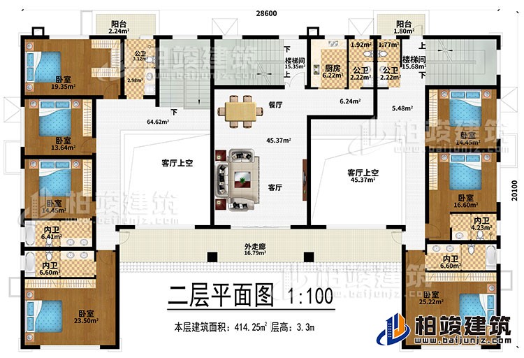 二层：客厅、餐厅、2楼梯间、2客厅上空、厨房、7卧室、2阳台、3公卫、外走廊、4内卫