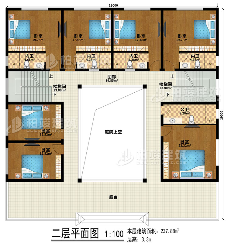 二层：回廊、露台、庭院上空、2楼梯间、7卧室、4内卫、公卫