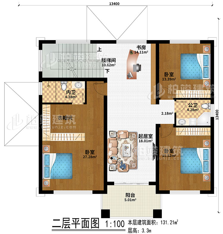二层：室外观景露台、地下车库入口、入户门廊、玄关、客厅、神龛、茶室、楼梯间、2卧室、公卫、内卫