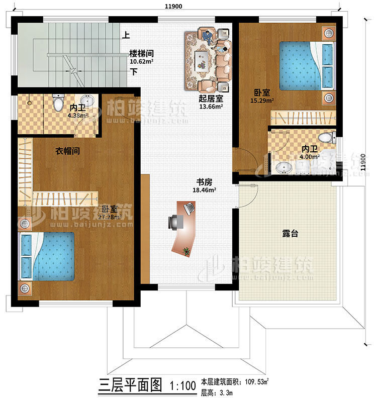 三层：2卧室、起居室、楼梯间、衣帽间、书房、2内卫、露台