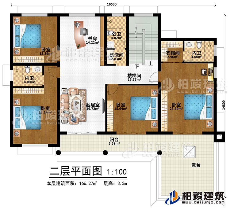 二层：楼梯间、书房、起居室、4卧室、洗漱间、公卫、2内卫、阳台、露台、衣帽间