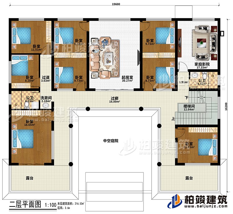 二层：过廊、楼梯间、中空庭院、起居室、8卧室、家庭影院、2公卫、洗漱间、过道、2露台